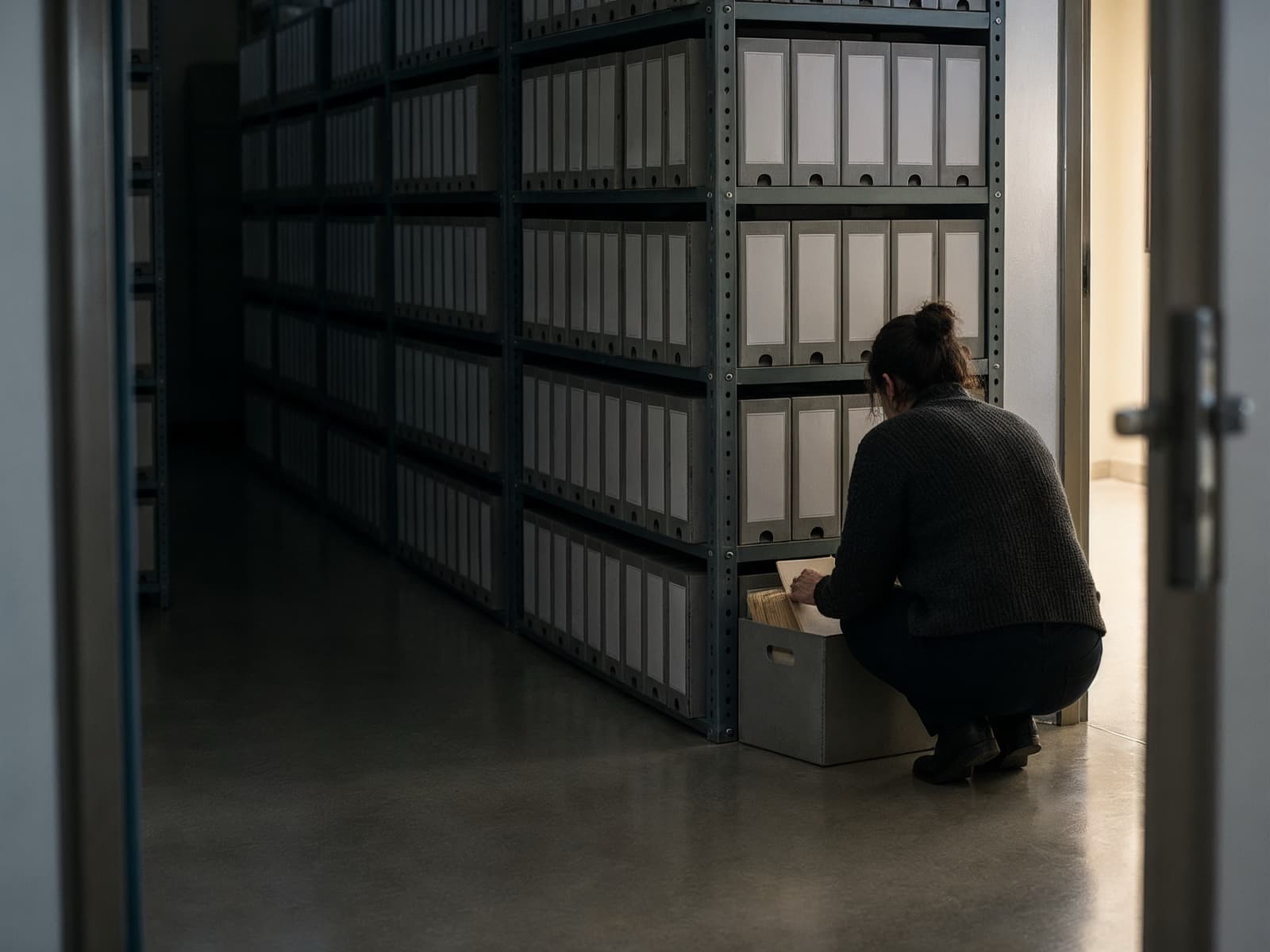 Archivo de una oficina con estanterías de cajas iguales: una empleada, agachada, busca entre las carpetas de una caja.