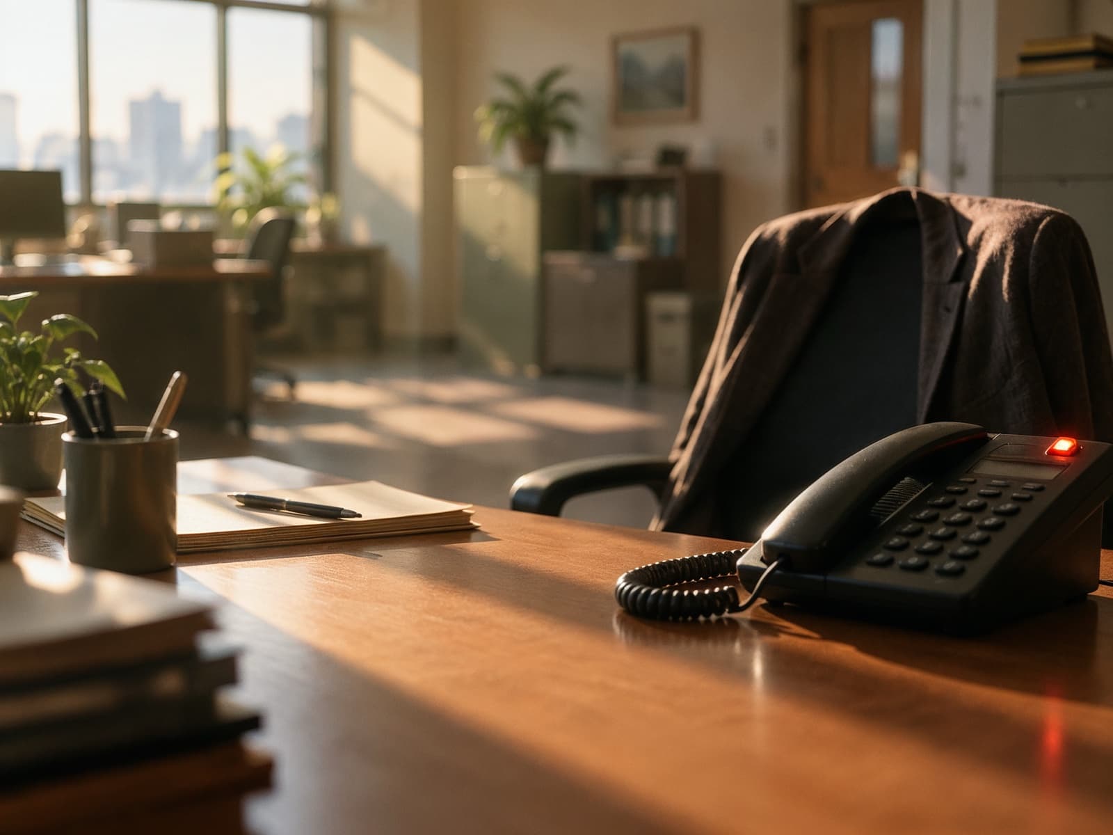 Una mesa vacía a la hora de comer: la silla apartada, una chaqueta colgada y el teléfono sonando con la luz encendida.